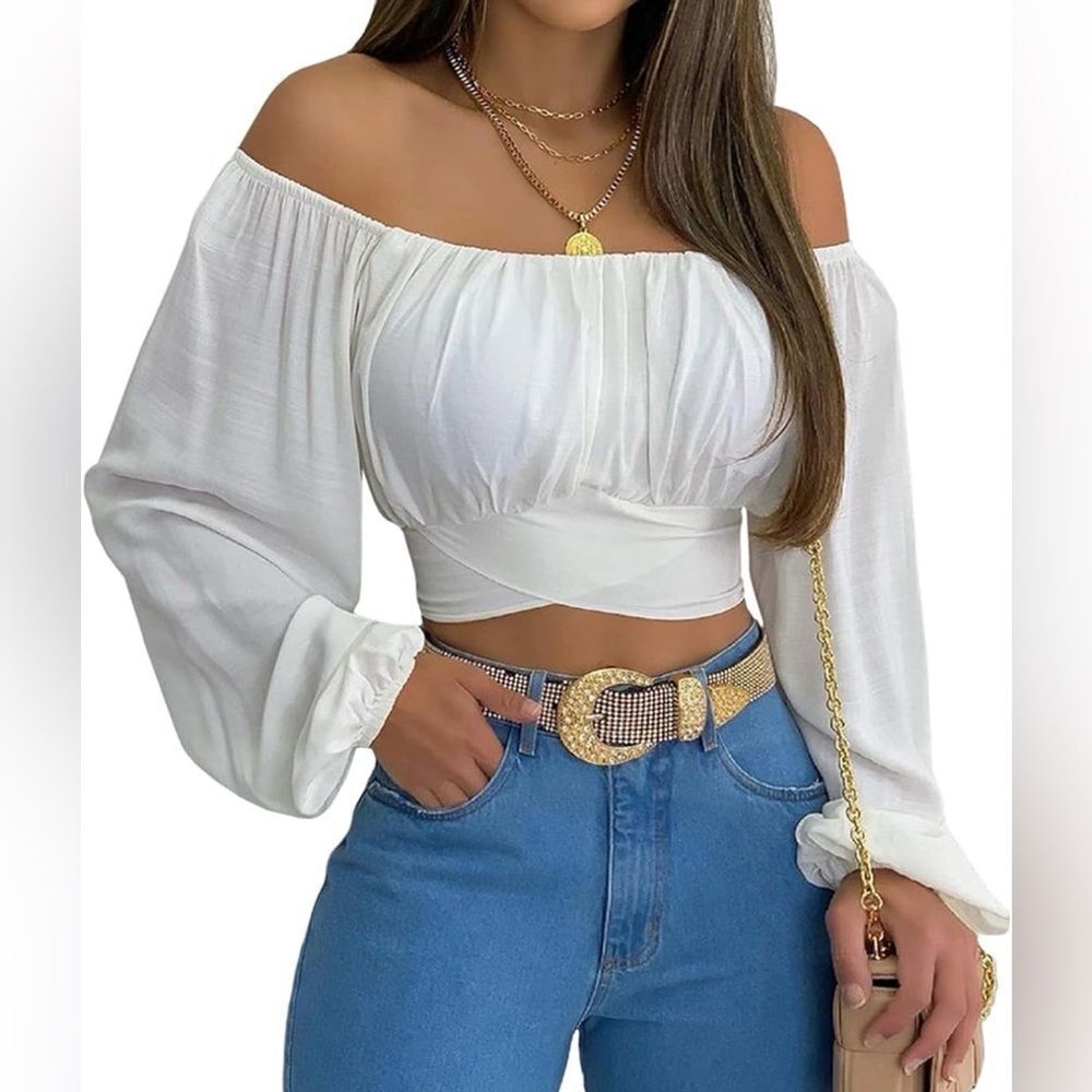 White Off Shoulder Crop Top Long Sleeve Tie Back Blouse Size M Y2K